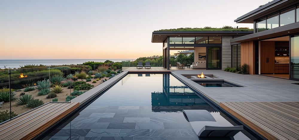 Concept image: a coastal infinity pool with a timber deck and a fire feature, ocean beyond