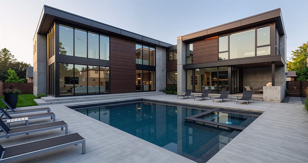 Concept image: a pool and sunken spa in a paved courtyard, two-storey house behind