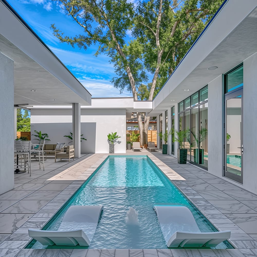 Concept image: a narrow lap pool in a white rendered courtyard, with a covered lounge alongside