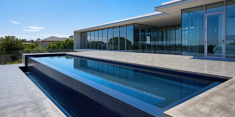 Concept image: a dark-tiled lap pool with an overflow edge, beside a glass-fronted house