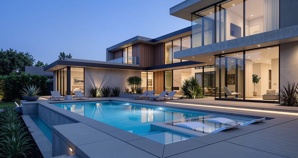 Concept image: a rectangular pool with an adjoining spa, lit at dusk beside a modern house