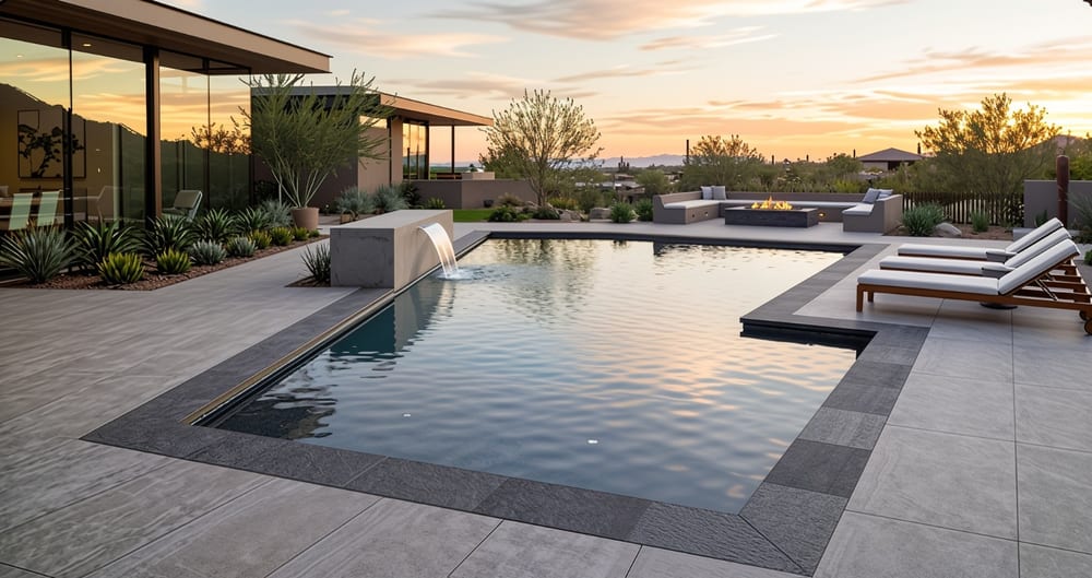 Concept image: a pool terrace with day beds and a fire pit, under a sunset sky