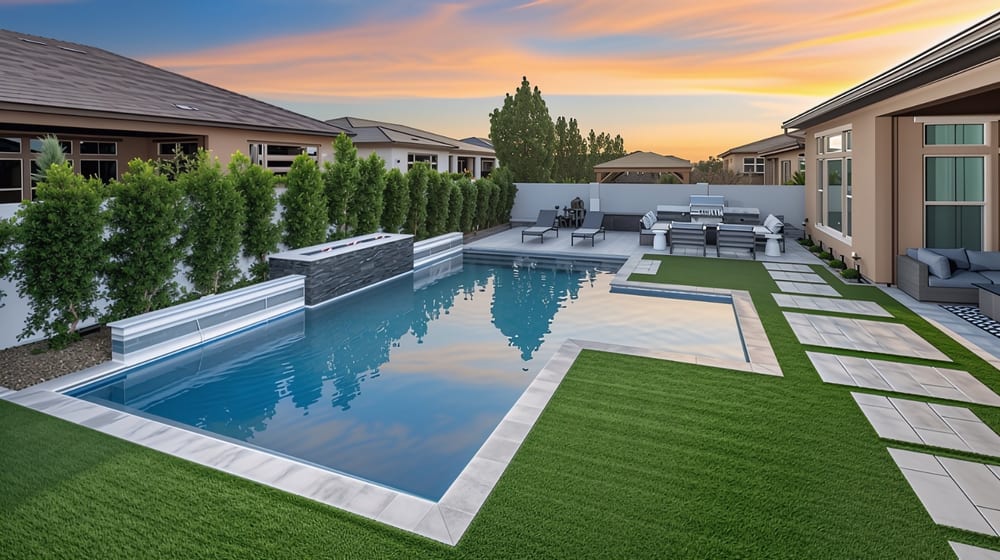 Concept image: a pool with lawn and clipped hedging running to its edge, at sunset