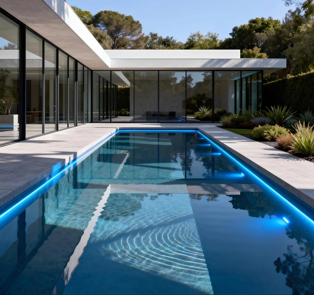 Concept image: a lap pool edged with blue lighting, seen from inside a glass-walled room
