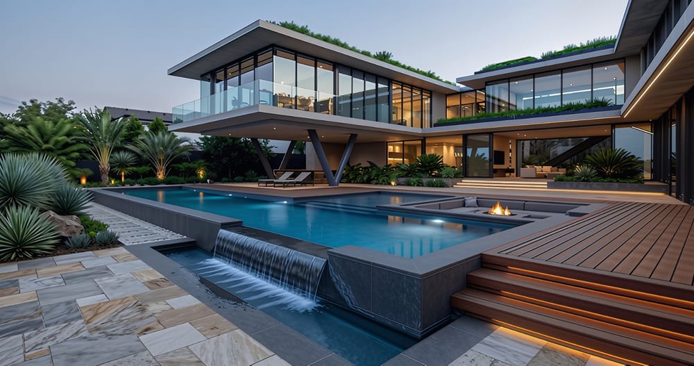 Concept image: a multi-level pool terrace with timber decking and a water blade